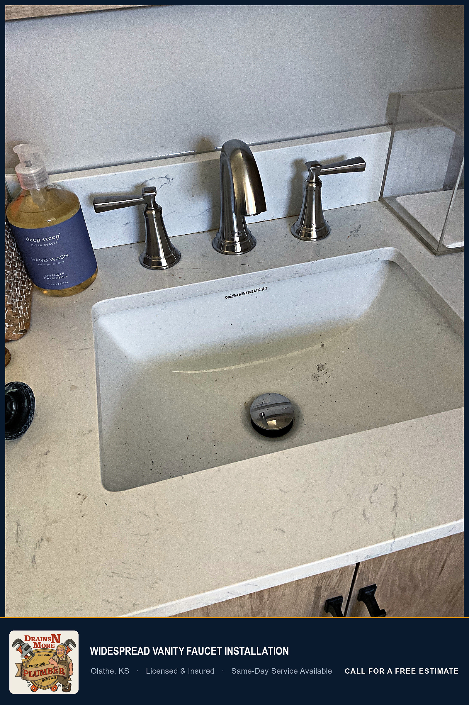 After: a branded photo of a widespread vanity faucet installation in Olathe, KS, with the Drains N More logo and service details