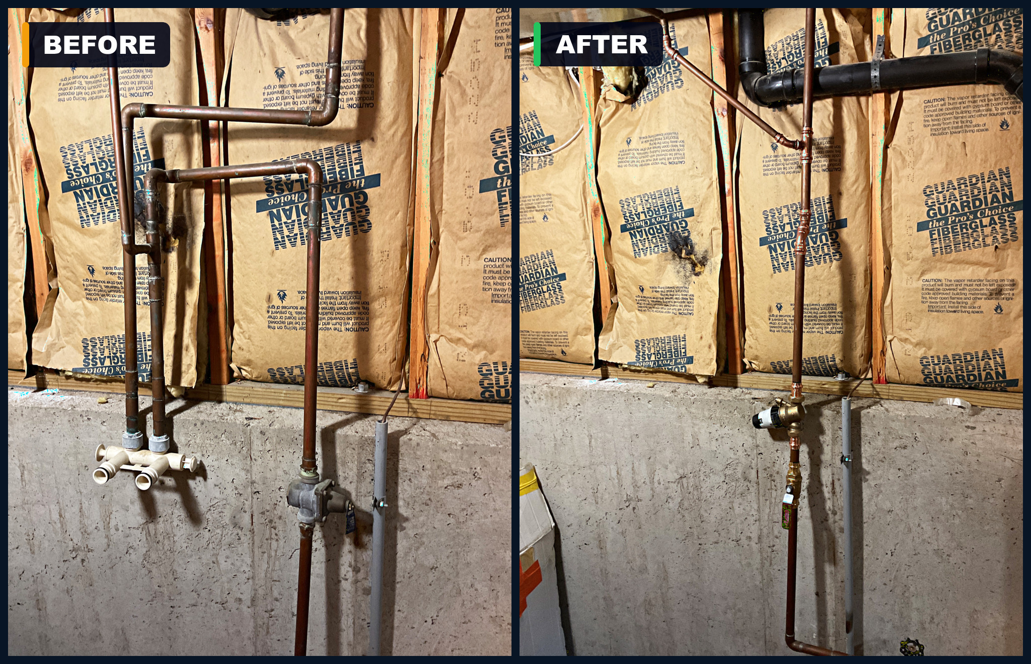 Before and after: a corroded copper pressure reducing valve setup in a Liberty, MO basement replaced with a new brass valve and clean copper piping